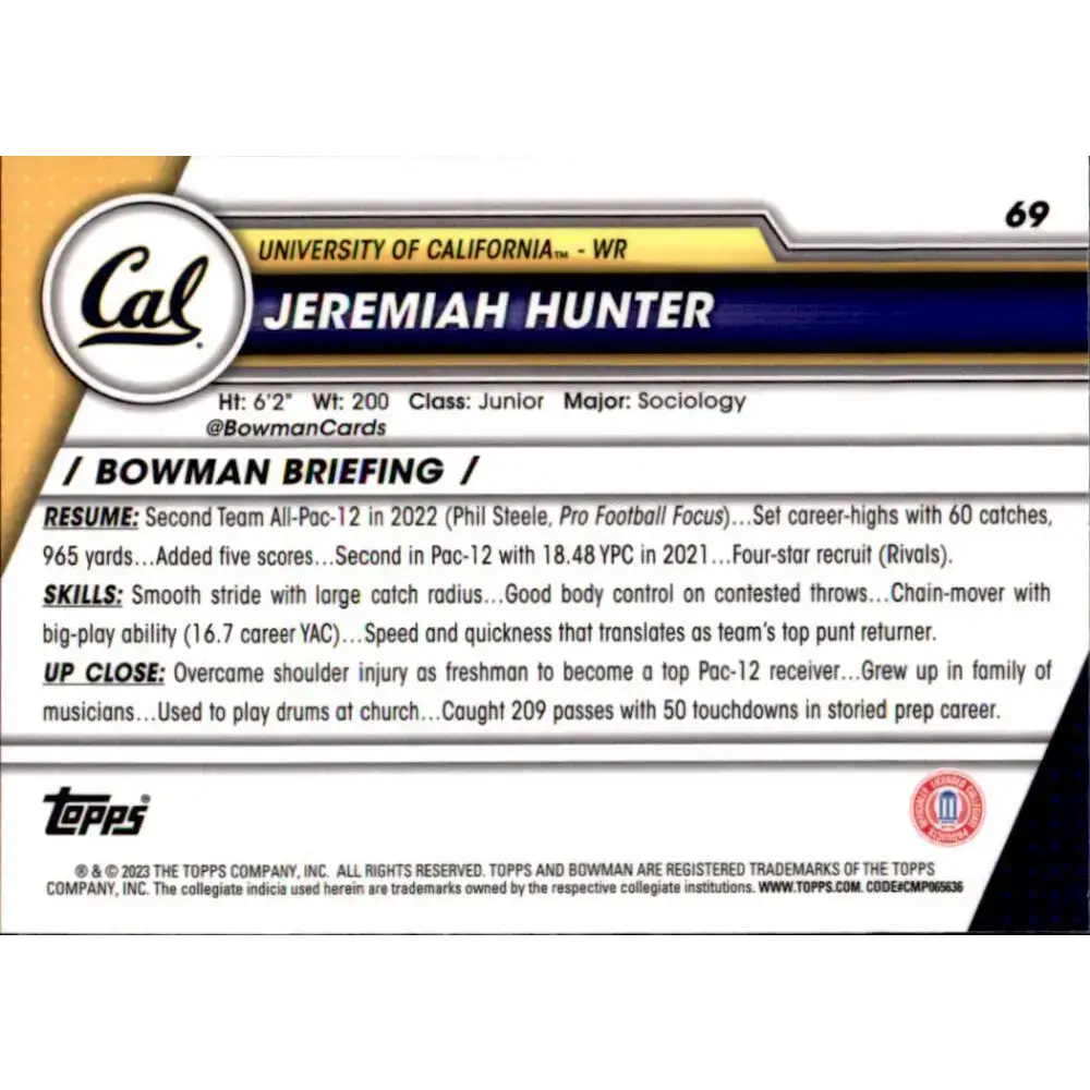 2023 Bowman University Chrome #69 Jeremiah Hunter NM-MT California Golden Bears Football Card - Football Card Single