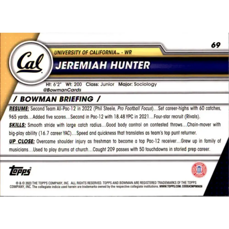 2023 Bowman University Chrome #69 Jeremiah Hunter NM-MT California Golden Bears Football Card - Football Card Single