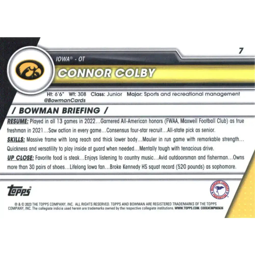 2023 Bowman University Chrome #7 Connor Colby NM-MT Iowa Hawkeyes Football Card - Football Card Single