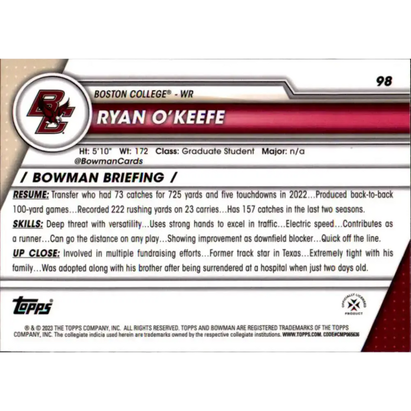 2023 Bowman University Chrome #98 Ryan O’Keefe NM-MT Boston College Eagles Football Card - Football Card Single