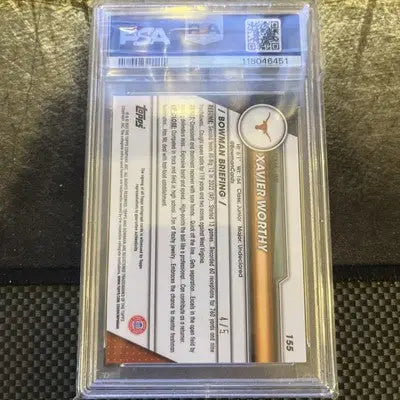 A graded Bowman University Chrome Xavier Worthy Auto /5 sports trading card featuring chrome Xavier Worthy