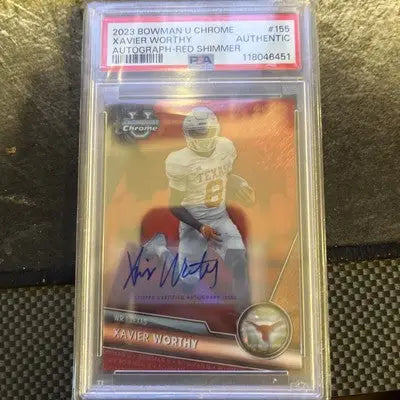 PSA-graded 2023 Bowman University Chrome Xavier Worthy Auto Red Shimmer football card