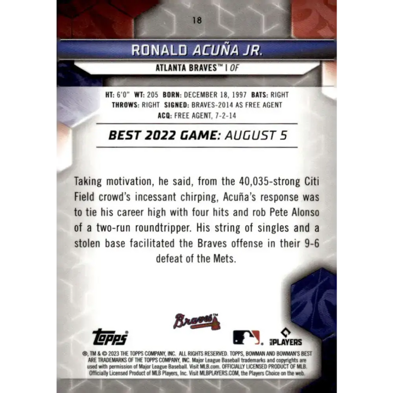 2023 Bowman’s Best #18 Ronald Acuna Jr. NM-MT Atlanta Braves Baseball Card - Baseball Card Single