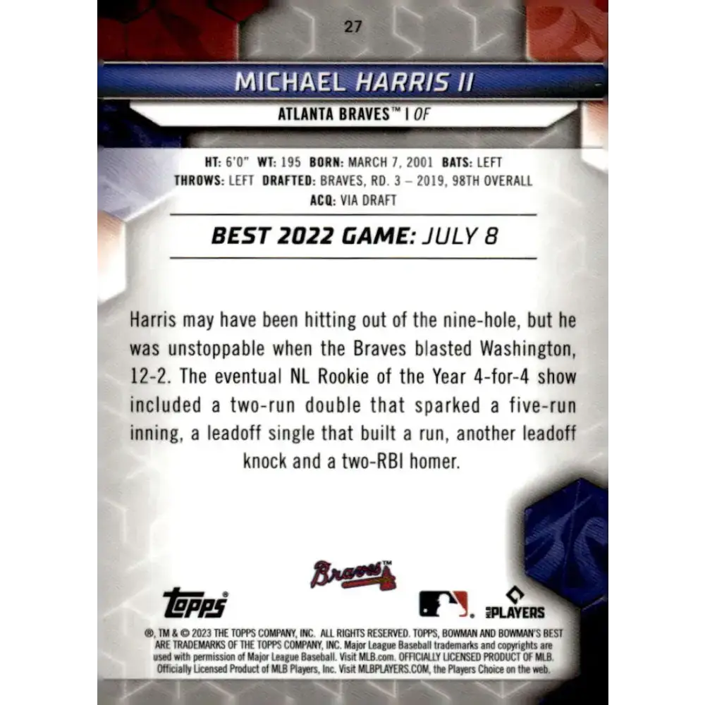 2023 Bowman’s Best #27 Michael Harris II NM-MT RC Rookie Atlanta Braves Baseball Card - Baseball Card Single