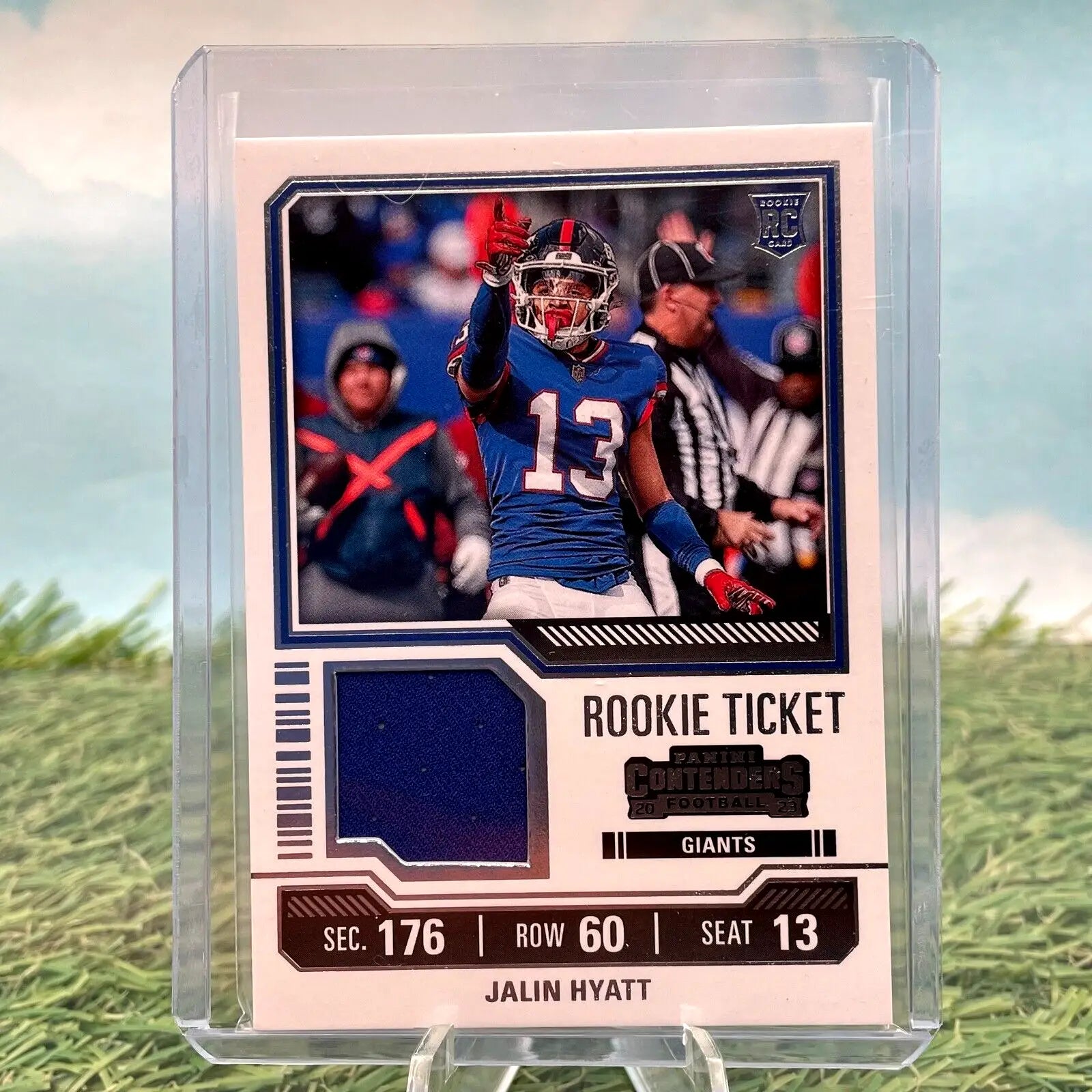 Jalin Hyatt 2023 Contenders Rookie Ticket Swatch Relic card for New York Giants