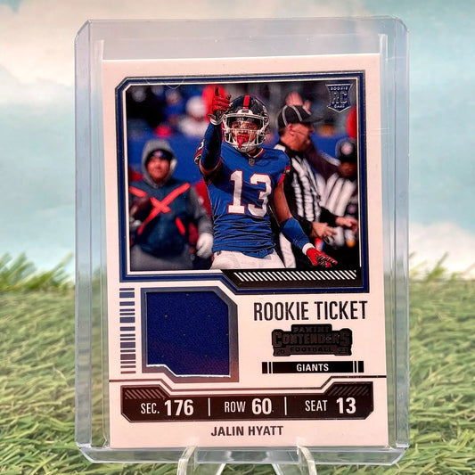 Jalin Hyatt 2023 Contenders Rookie Ticket Swatch Relic card for New York Giants