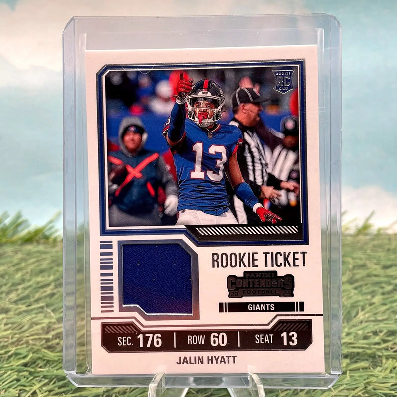 Jalin Hyatt 2023 Contenders Rookie Ticket Swatch Relic card for New York Giants
