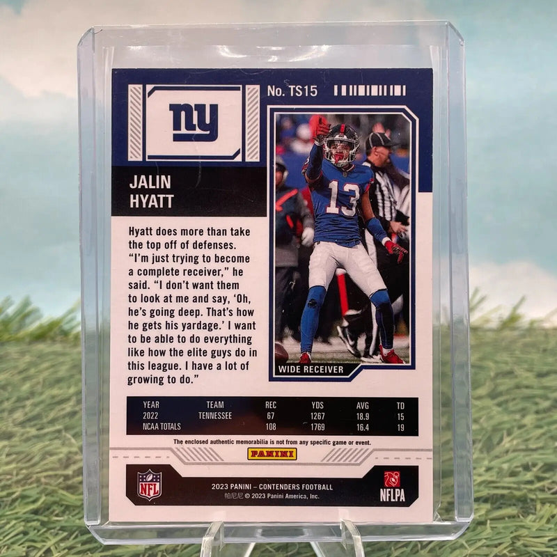 Jalin Hyatt 2023 Contenders Rookie Ticket Swatch Relic football card for New York Giants