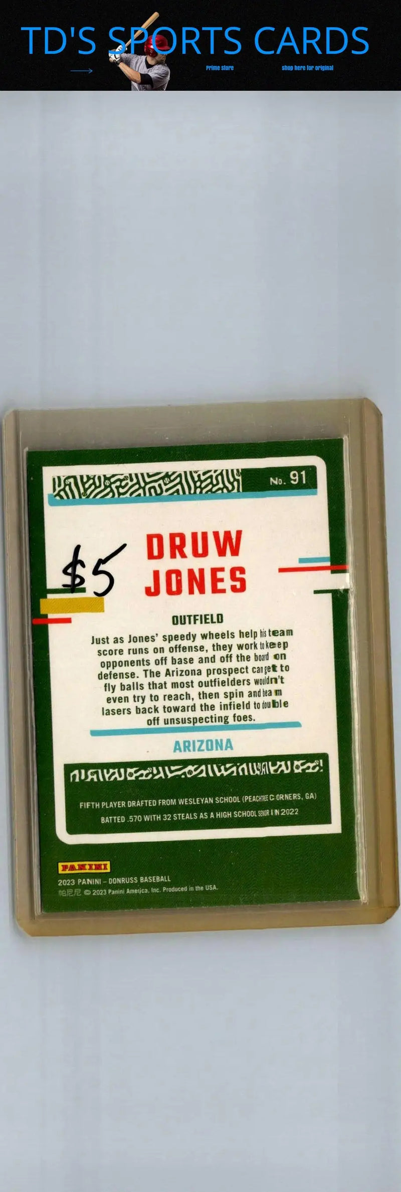 2023 Donruss Druw Jones Holo Purple baseball card featuring Druw Jones holo purple design