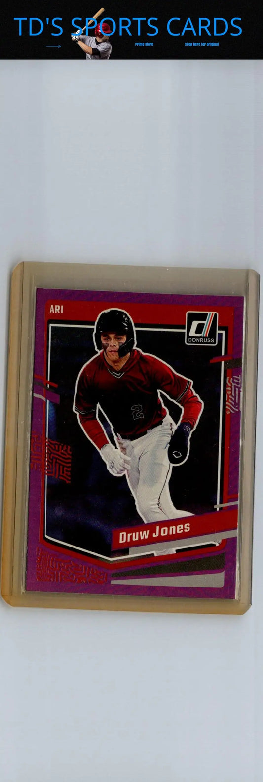 Purple-bordered baseball card featuring Druw Jones Holo Purple from 2023 Donruss