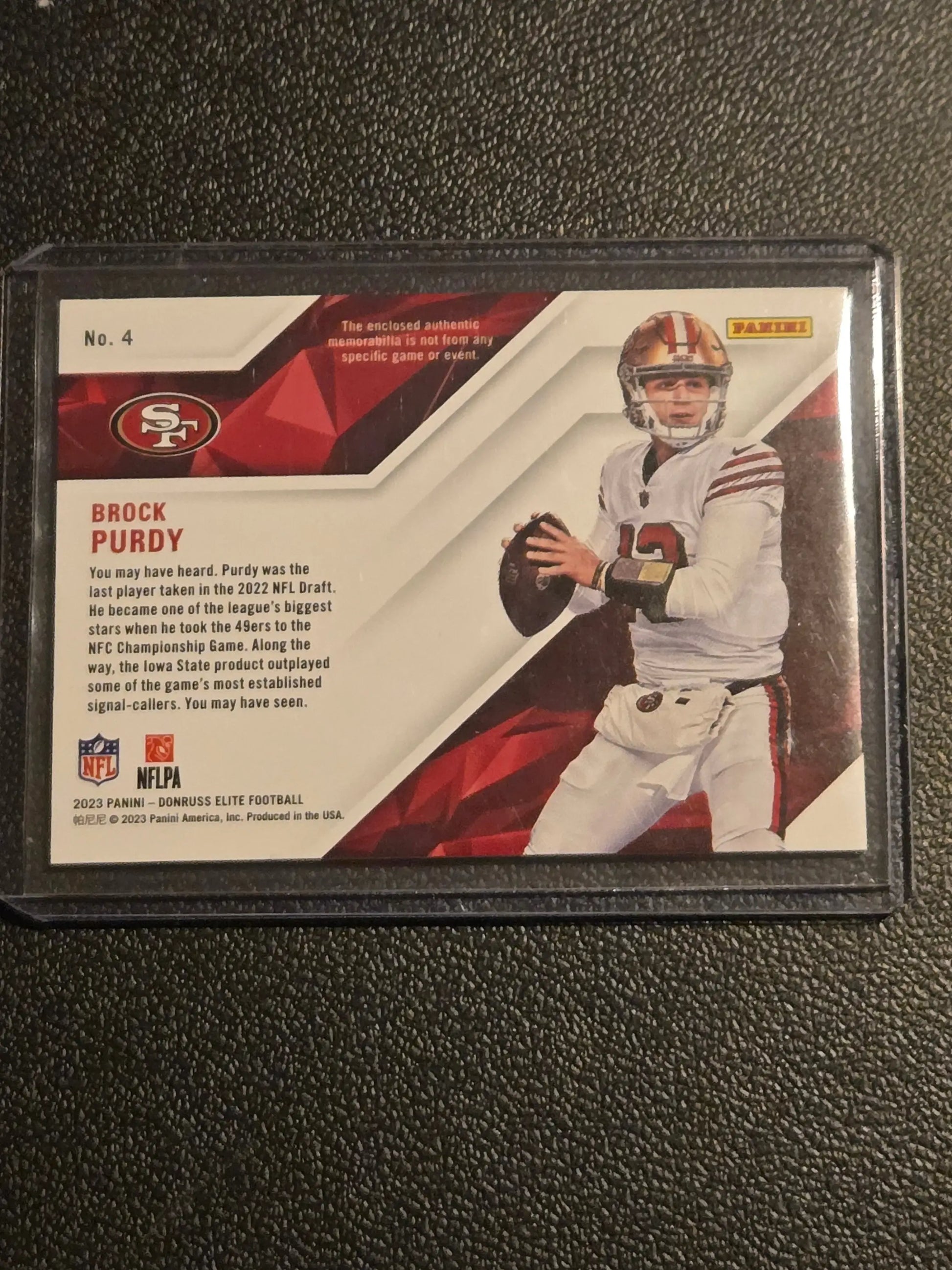 2023 Donruss Elite #4 Brock Purdy Epic Materials #/375 - Football Card Single