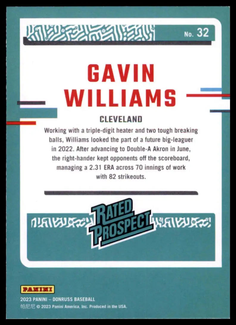 2023 Donruss Gavin Williams 32 Cleveland Guardians NM - Baseball Card Single