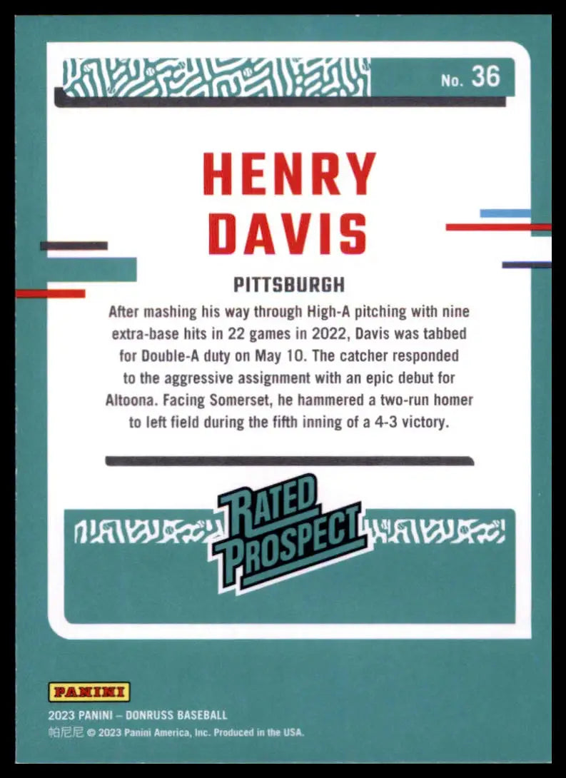 2023 Donruss Henry Davis 36 Pittsburgh Pirates NM - Baseball Card Single