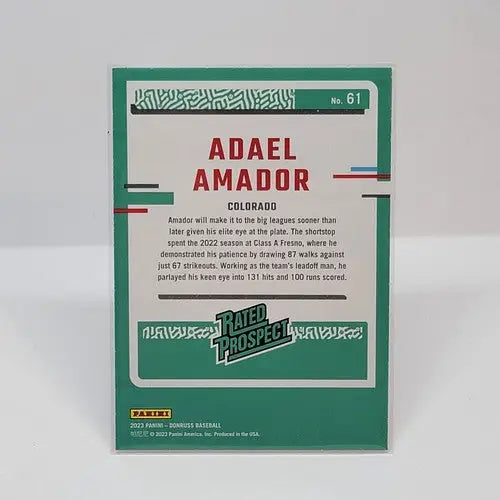 Adael Amador baseball card from 2023 Donruss Holo Orange series