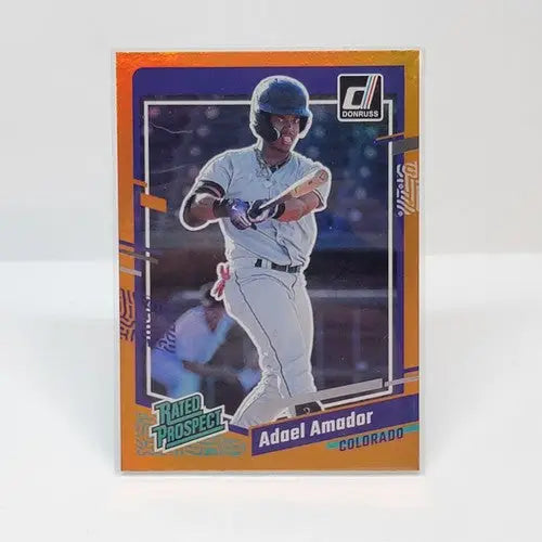 Baseball card from 2023 Donruss Holo Orange series featuring Adael Amador