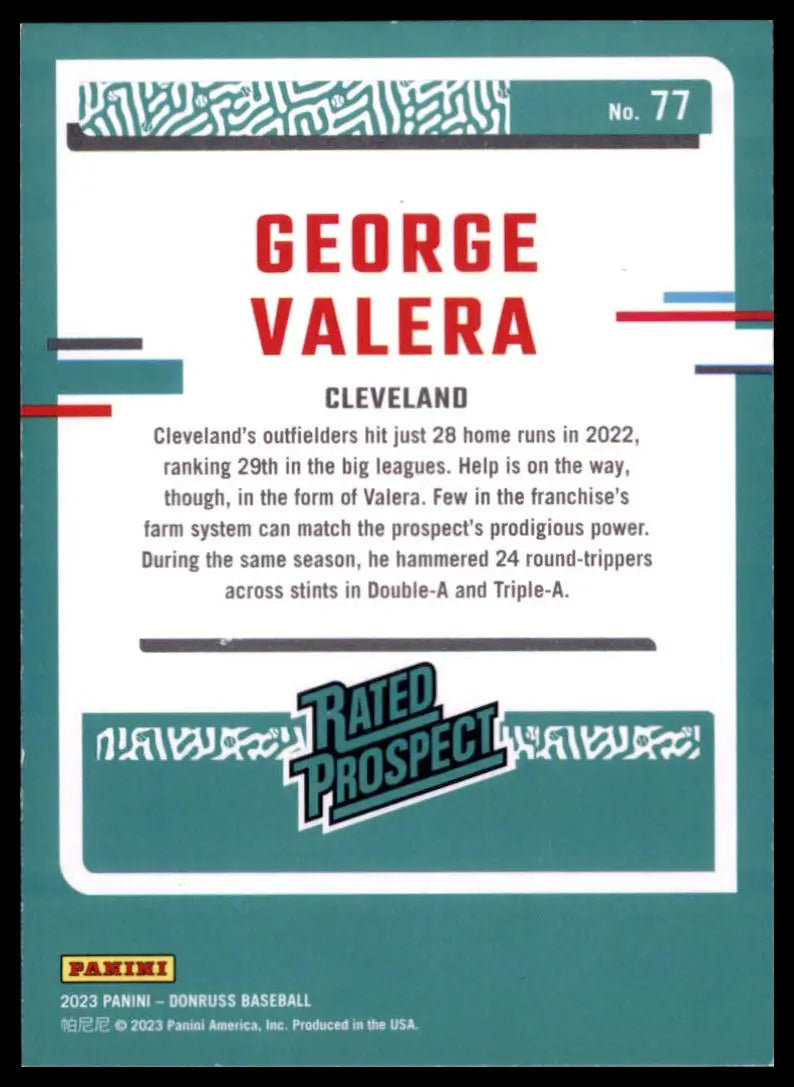 2023 Donruss - Holo Orange George Valera 77 Cleveland Guardians Baseball NM - Baseball Card Single