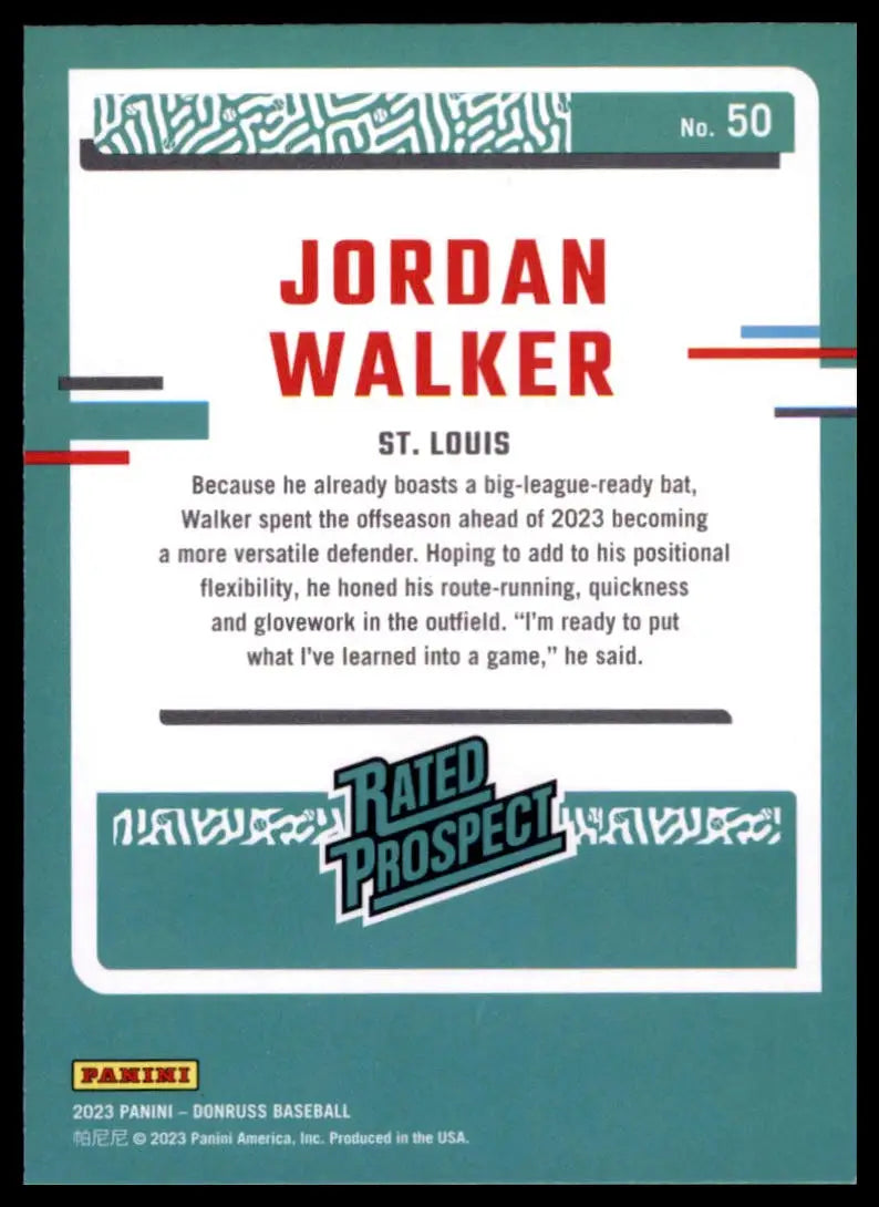 2023 Donruss Jordan Walker 50 St. Louis Cardinals Baseball NM - Baseball Card Single