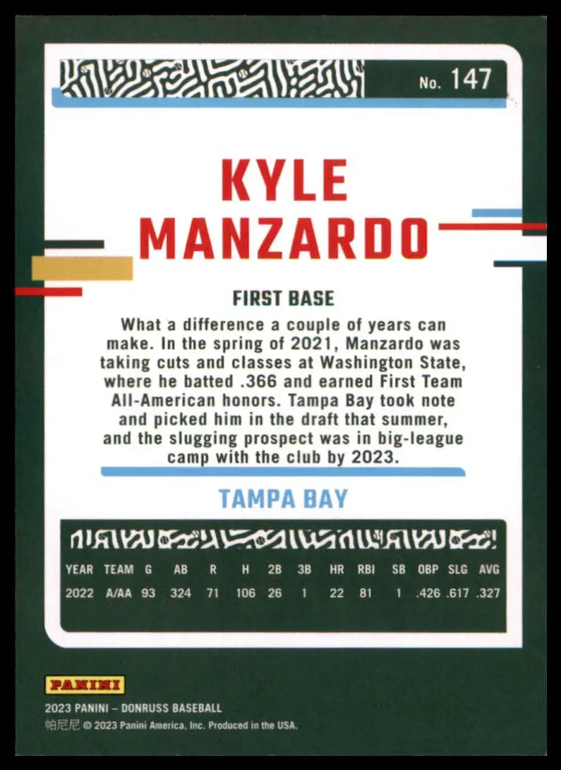2023 Donruss - On Fire Kyle Manzardo 147 /75 Tampa Bay Rays NM - Baseball Card Single