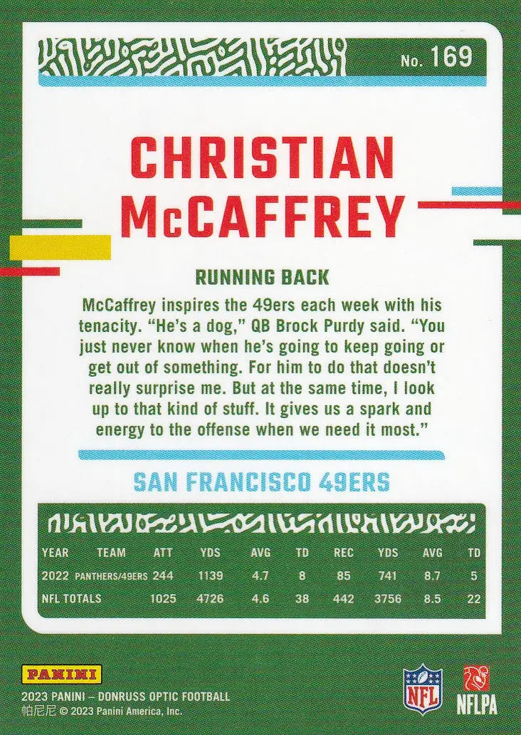 2023 DONRUSS OPTIC #169 CHRISTIAN MCCAFFREY- SAN FRANCISCO 49ERS