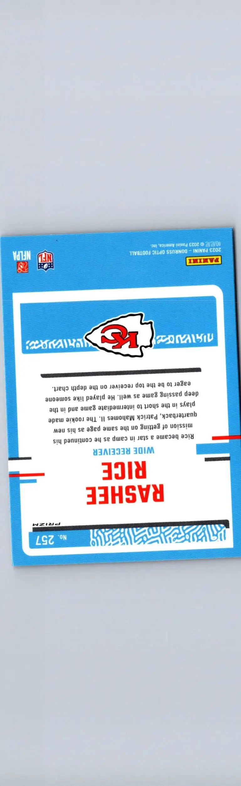 Collectible Kansas City Chiefs football card featuring Rashee Rice Purple Shock design