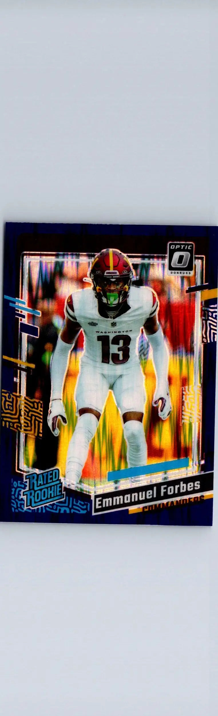 Football trading card of Emmanuel Forbes in white uniform with number 13, 2023 Donruss Optic Forbes purple shock