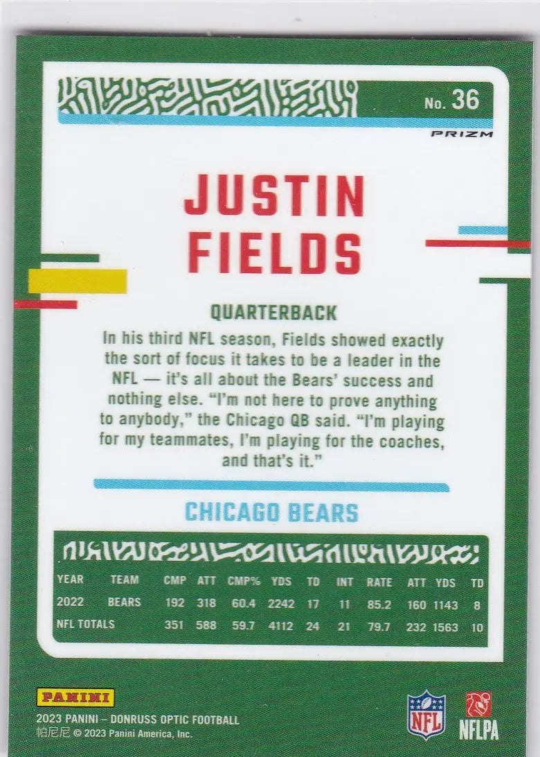 2023 DONRUSS OPTIC #36 JUSTIN FIELDS SILVER- CHICAGO BEARS