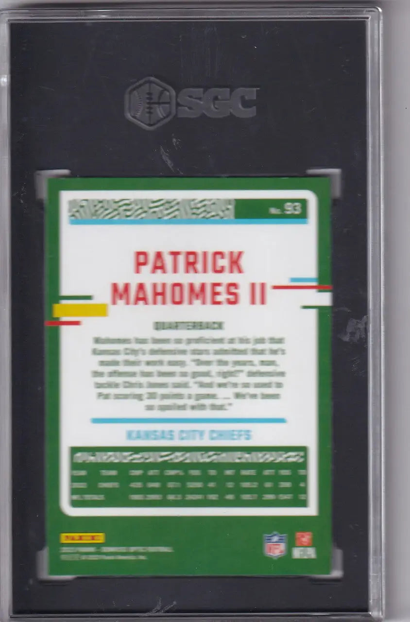Graded Patrick Mahomes SGC 9.5 football card from 2023 Donruss Optic for Kansas City Chiefs
