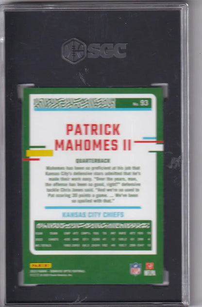 Graded Patrick Mahomes SGC 9.5 football card from 2023 Donruss Optic for Kansas City Chiefs