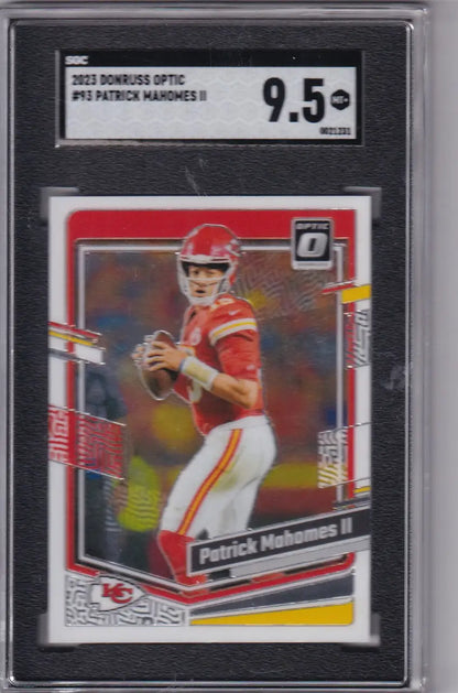 Graded Patrick Mahomes SGC 9.5 football card from 2023 Donruss Optic Kansas City Chiefs