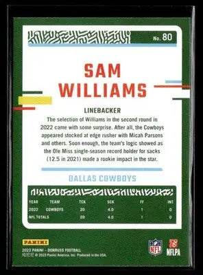 2023 Donruss Sam Williams #80 Dallas Cowboys