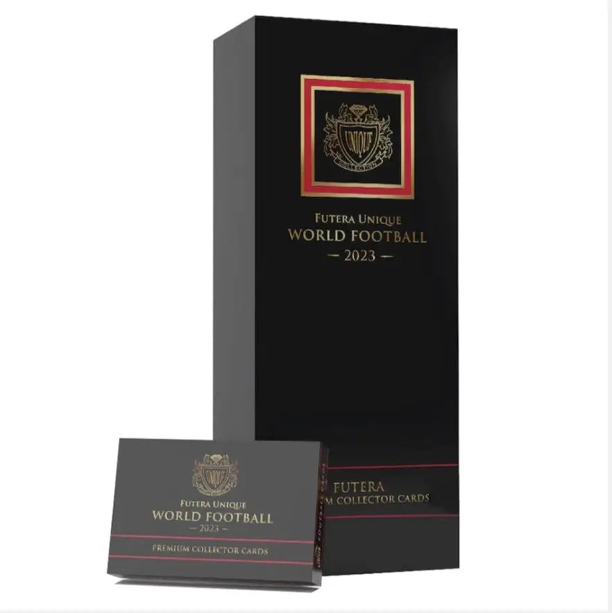 Black collector’s box and premium football cards from 2023 Futura World Football soccer hobby box