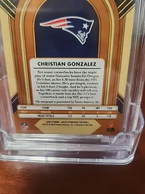 Christian Gonzalez football card from 2023 Gold Standard Rookies Autograph Sapphire series