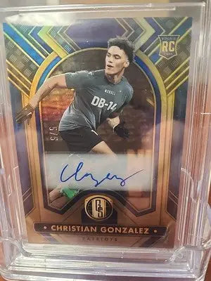 Christian Gonzalez autographed football card from 2023 Gold Standard Rookies Autograph Sapphire series