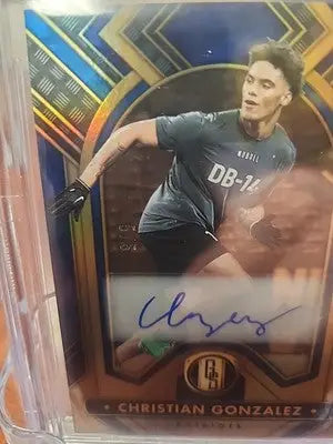 Christian Gonzalez rookies autograph sapphire trading card from 2023 Gold Standard Rookies Autograph Sapphire series