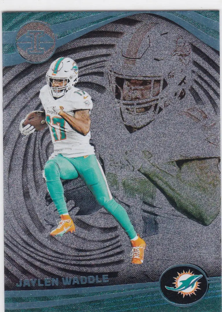 Football trading card featuring Jaylen Waddle in Dolphins uniform from Waddle Dots Trophy Collection