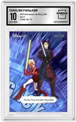 A graded collectible card featuring Ahsoka Tano and Anakin Skywalker from Kakawow Cosmic Disney
