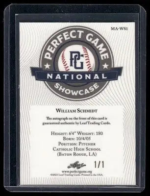 2023 Leaf Metal Perfect Game National Showcase William Schmidt #MA-WS1 1/1 Auto - Baseball Card Single