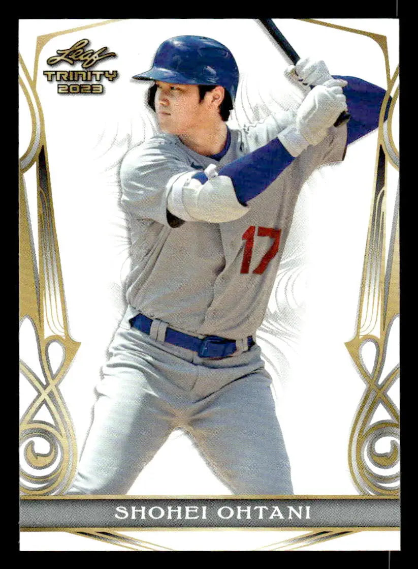 Baseball card featuring Shohei Ohtani in batting stance from 2023 Leaf Trinity series