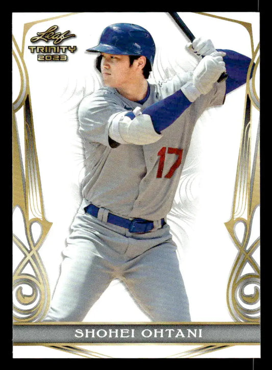 Baseball card featuring Shohei Ohtani in batting stance from 2023 Leaf Trinity series