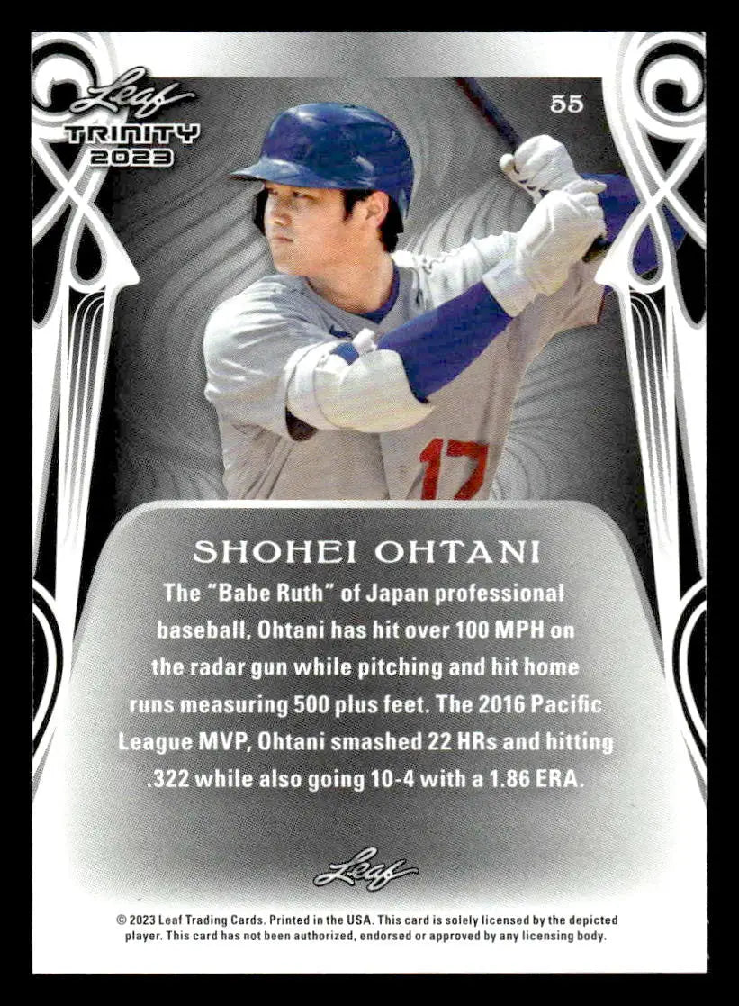Collectible Shohei Ohtani baseball card from Leaf Trinity 2023 featuring Los Angeles Dodgers