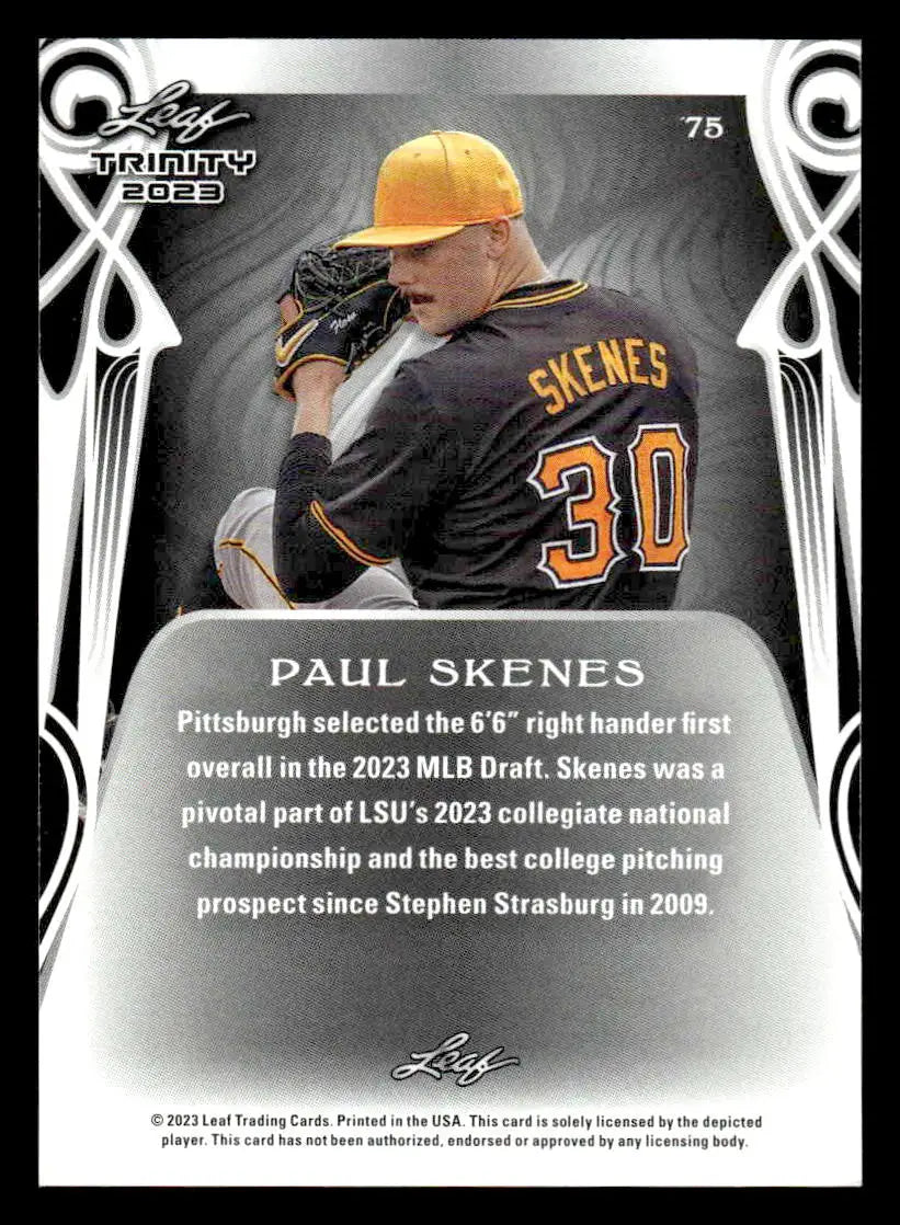 Paul Skenes baseball trading card from 2023 Leaf Trinity showcasing him in a pitching pose