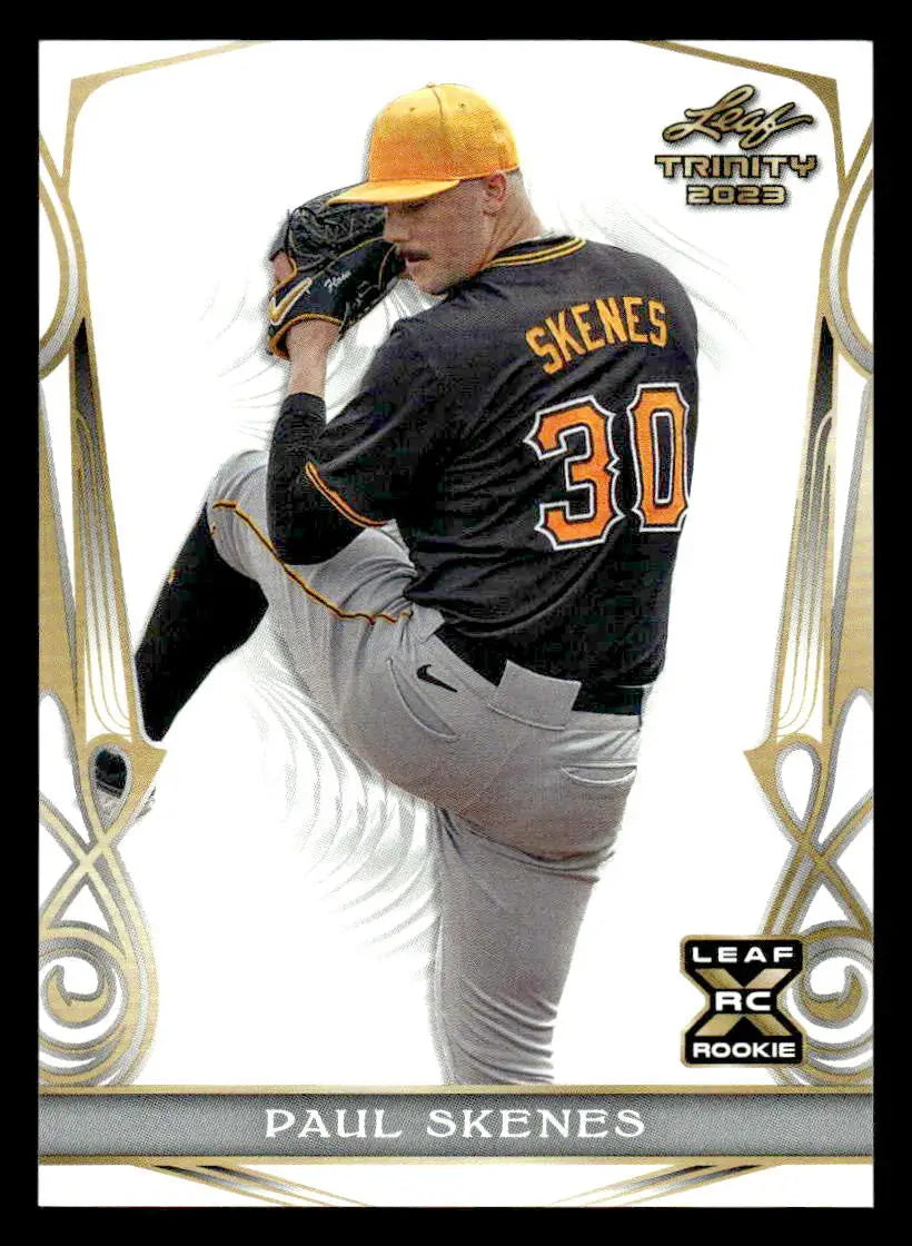 Paul Skenes baseball trading card from 2023 Leaf Trinity featuring him in a pitching stance