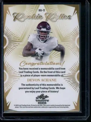 2023 Leaf Trinity Devon Achane #RR-11 Player-worn memorabilia Football - Sports Memorabilia