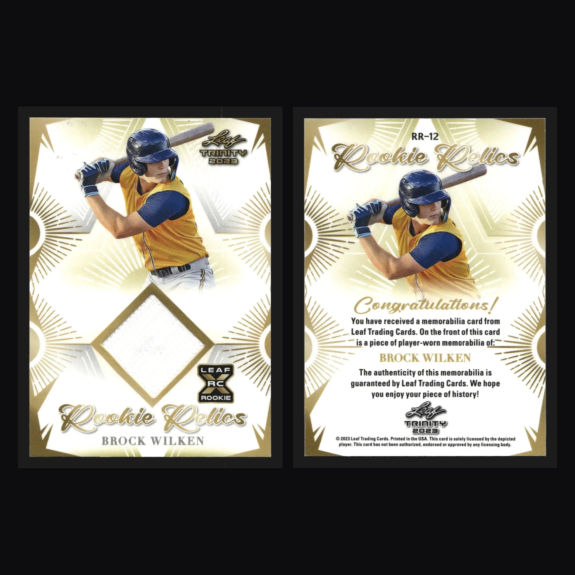 2023 Leaf Trinity Rookie Relics Brock Wilken #RR-12 RC Relic - Baseball Card Single