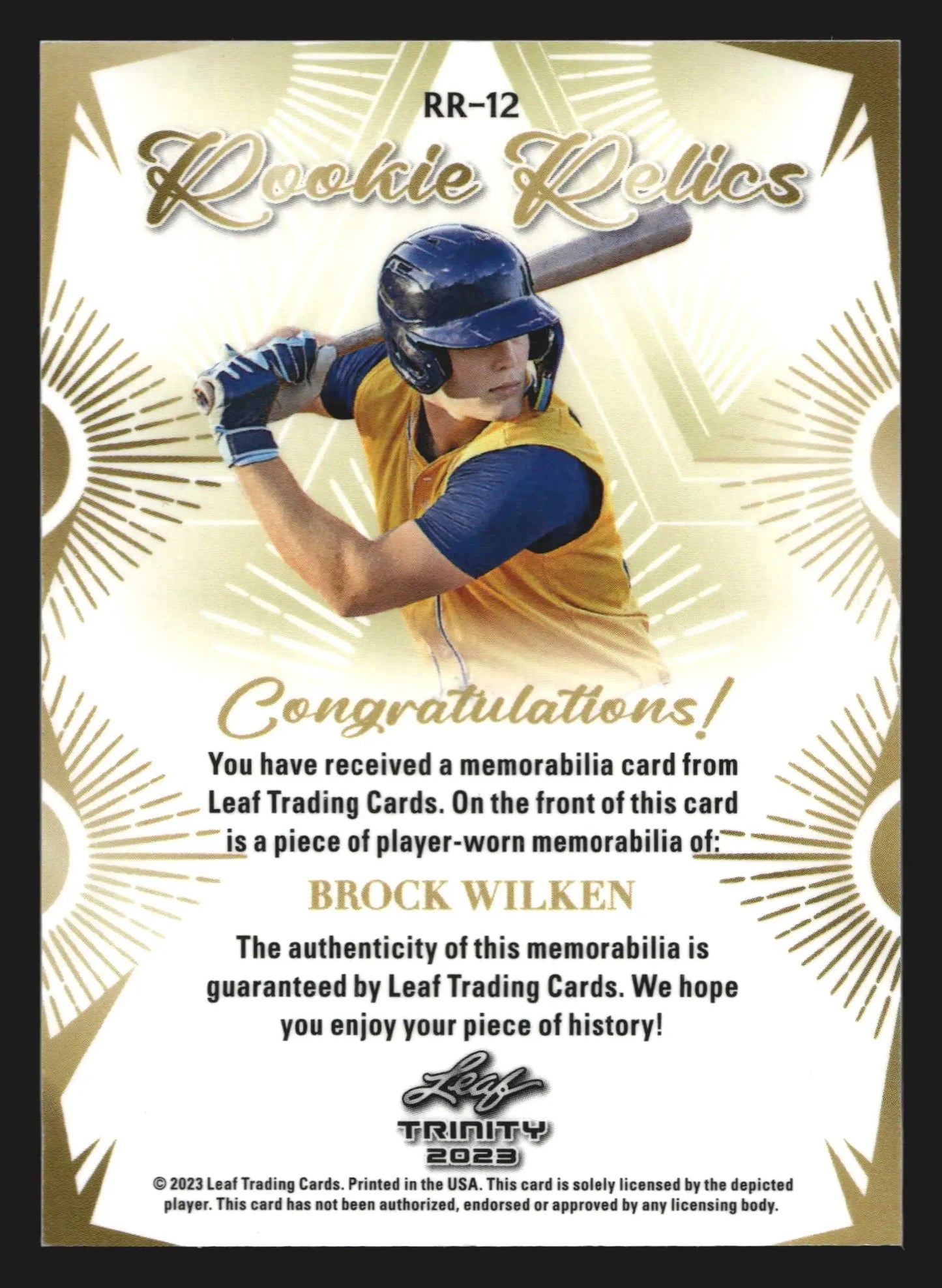 2023 Leaf Trinity Rookie Relics Brock Wilken #RR-12 RC Relic - Baseball Card Single
