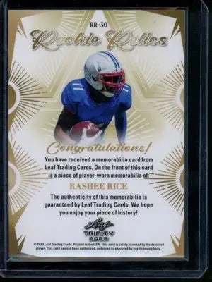 2023 Leaf Trinity Rookie Relics Rashee Rice #RR-30 Player-worn memorabilia - Other