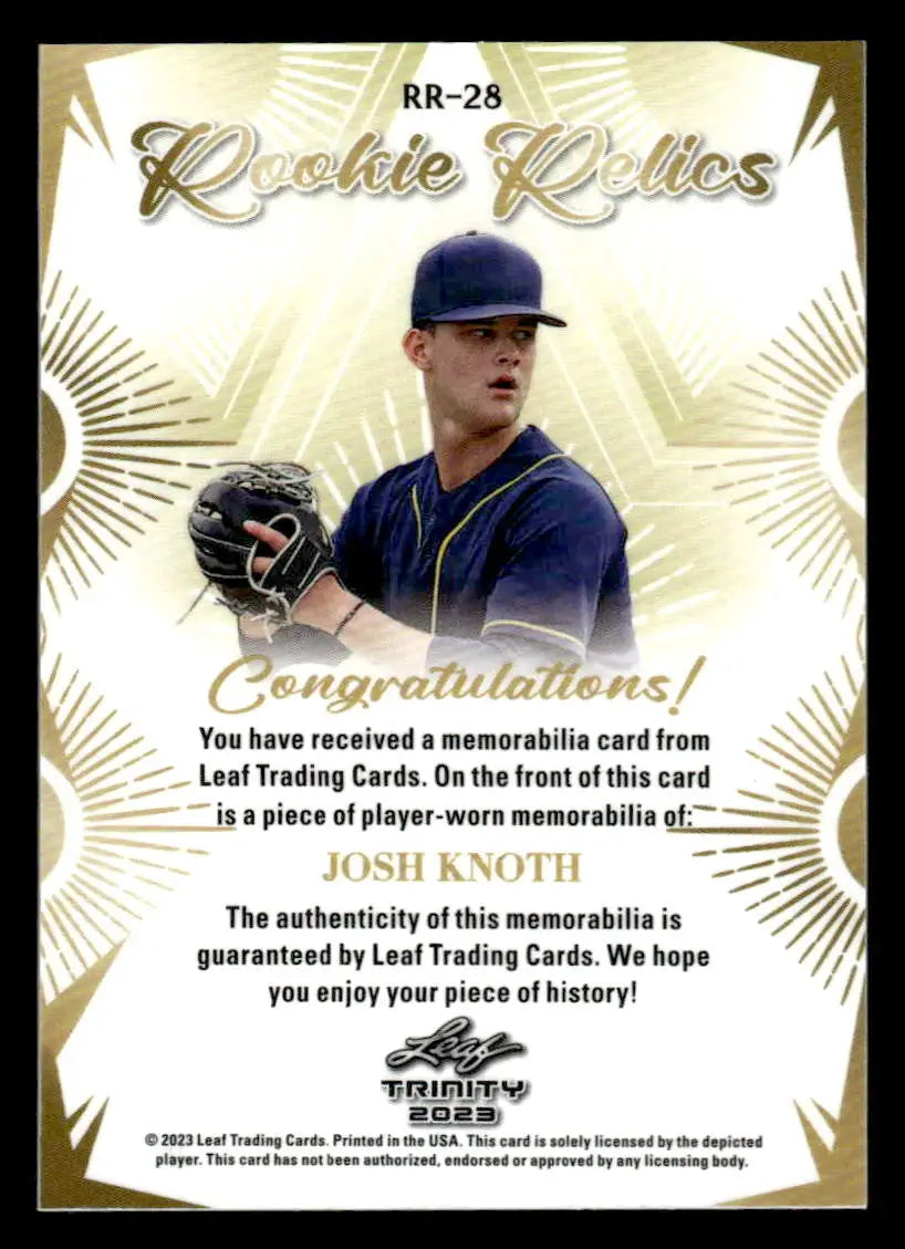 2023 Leaf Trinity #RR-28 Josh Knoth Rookie Relics - Baseball Card Single