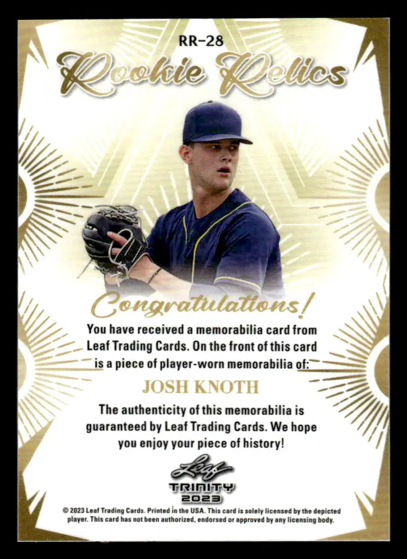 2023 Leaf Trinity #RR-28 Josh Knoth Rookie Relics - Baseball Card Single