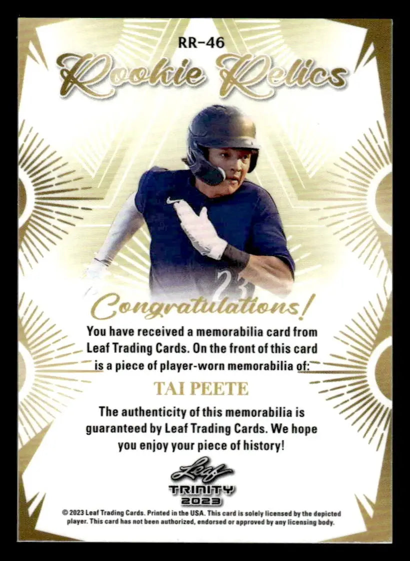 2023 Leaf Trinity #RR-46 Tai Peete Rookie Relics - Baseball Card Single