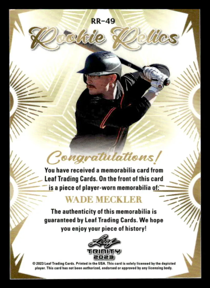 2023 Leaf Trinity #RR-49 Wade Meckler Rookie Relics - Baseball Card Single